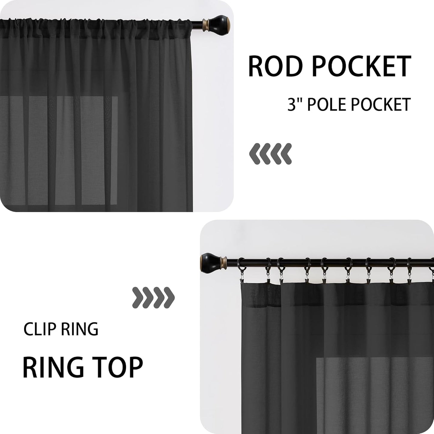 Tollpiz Sheer Curtain Closet Linen Textured Curtain Sheers Doorway Light Filtering Voile French Door Rod Pocket Curtains Patio Glass Door, 25 x 80 inches Long, Black, Set of 1 Panel