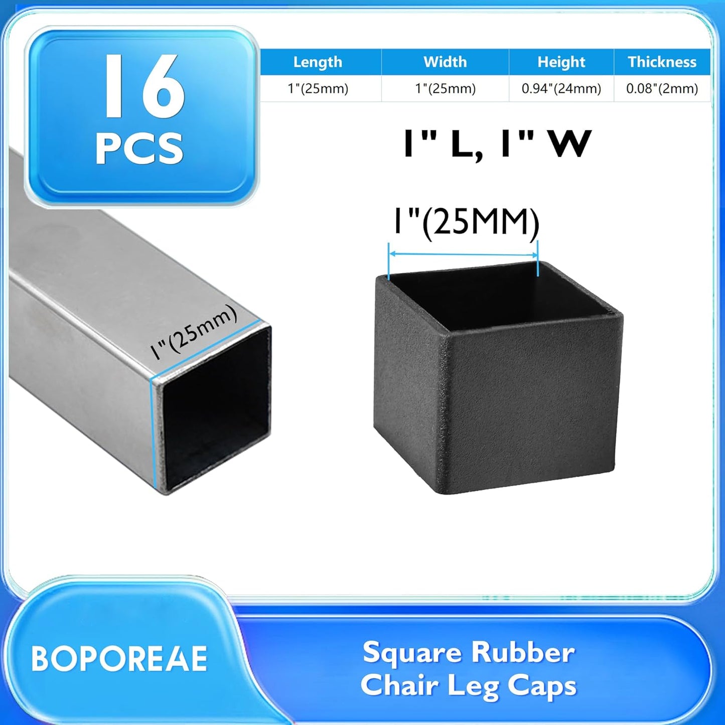 16 Pcs 1" x 1" Square Rubber Chair Leg Caps, PVC Table Leg Covers, Flexible & Anti-Slip Furniture Leg End Caps, Chair Leg Floor Protectors for Bar Stool Leg Patio Indoor, Black