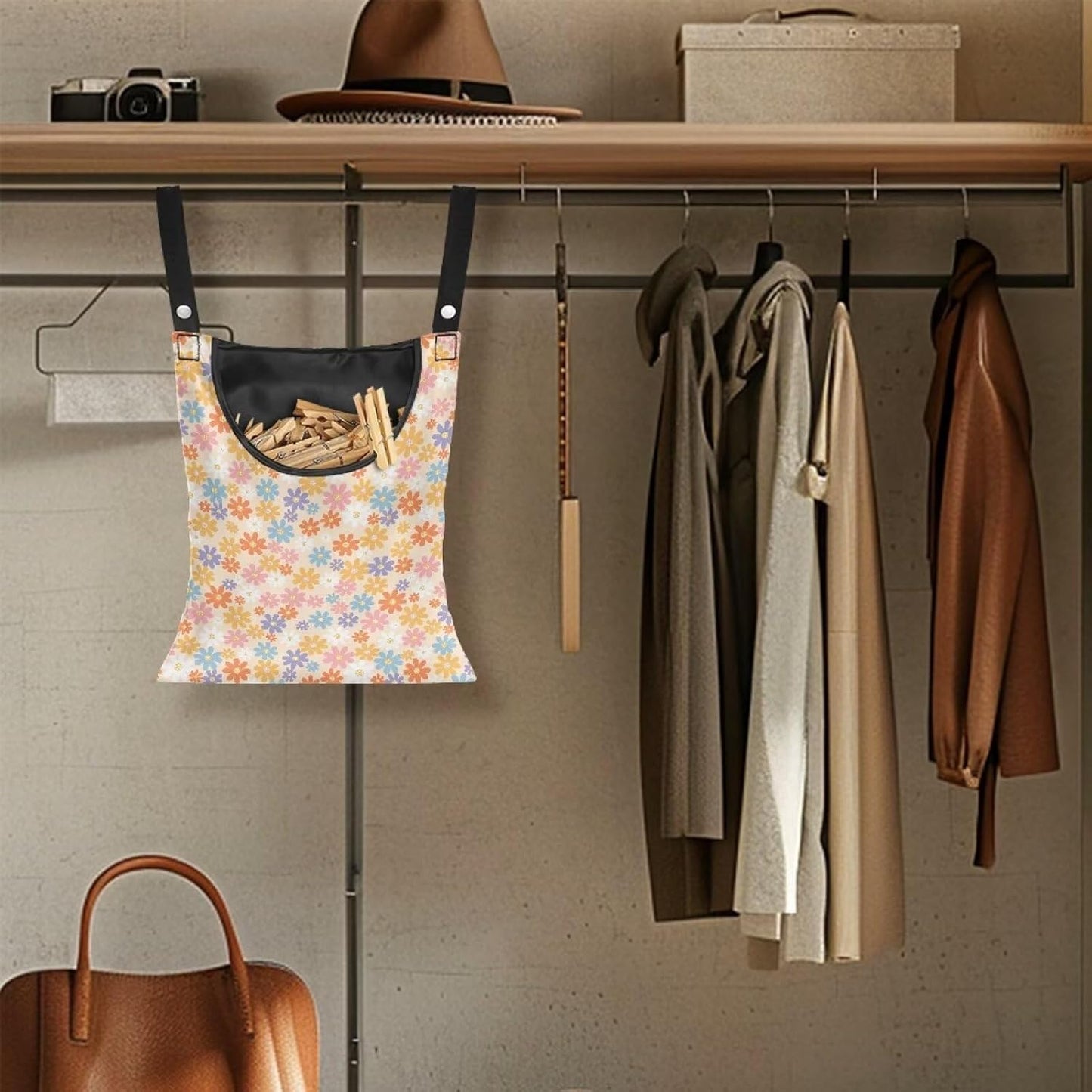 2 Pcs Flower Clothes Pin Hanging Bag, Clothespin Bag Organizer Clothes Pin Bag to Hang on Line with Large Opening Washable Clothespin Storage Bag