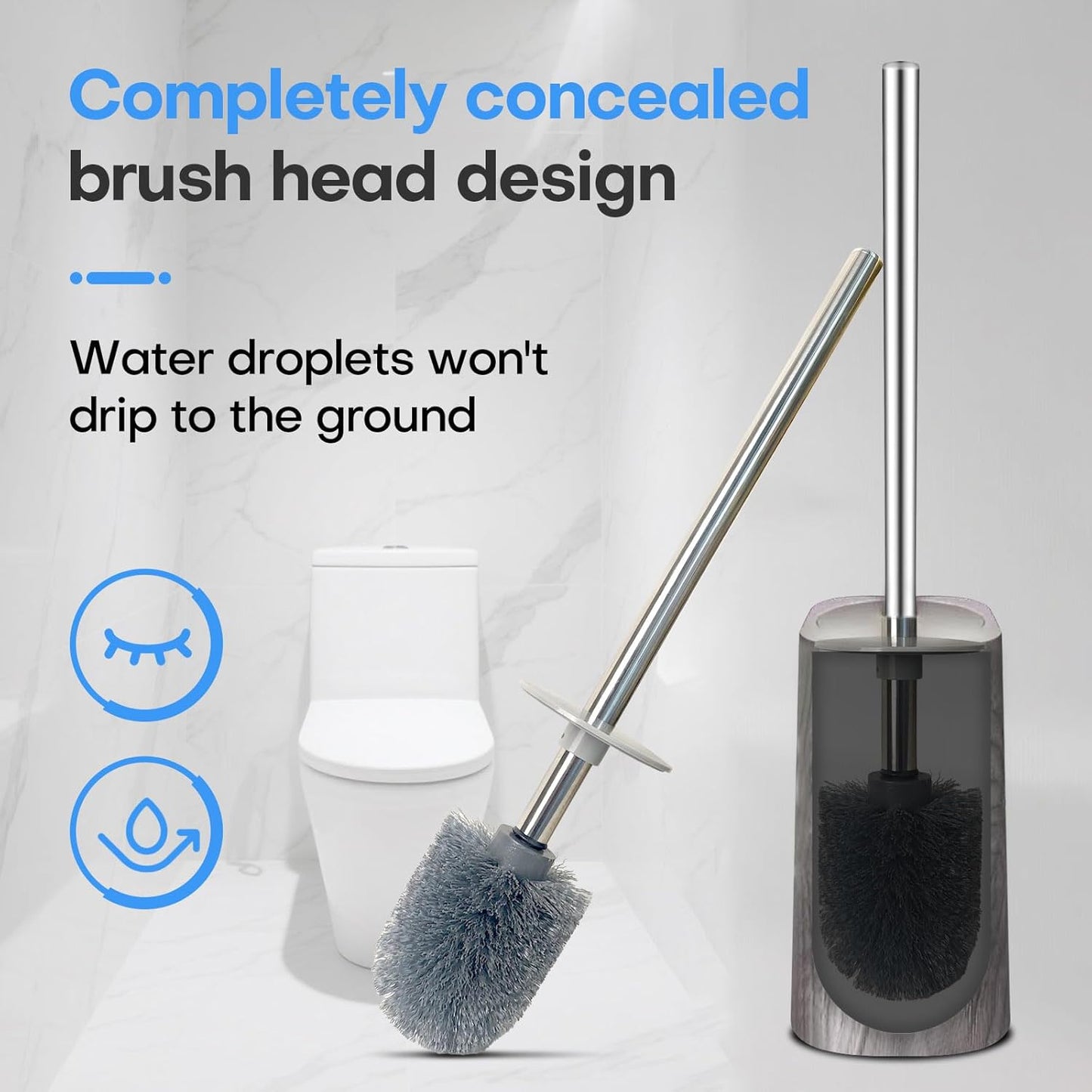 Marble Colored Toilet Brush and Holder Set,Stainless Steel Long Handle and Marble Colored Base for Bathroom Deep Cleaning，Space Saving for Storage，Drip-Proof，Dark Gray