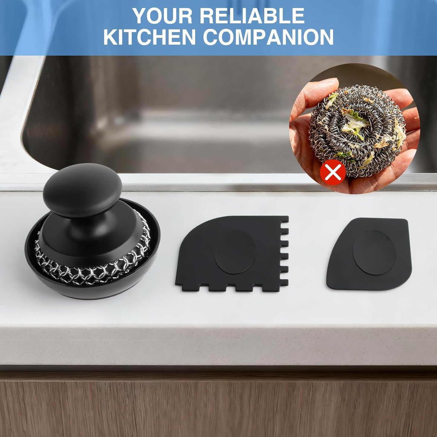 Cast Iron Scrubber Cleaner, Chainmail Scrubber for Cast Iron Pan Skillet, Dish Scouring Pad, Stainless Steel Brush/Scraper for Metal Skillet Scrubbing, Wok, Dutch Oven Cleaning Kit - Thick Mesh