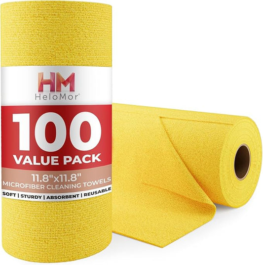 HELOMOR 100 Pack Microfiber Cleaning Cloth Roll - Tear Away Reusable Paper Towels Washable, 11.8" Ultra Absorbent Cleaning Supplies for Housekeeping, Rags Microfiber Towel, Lint Free Cloth Value Pack