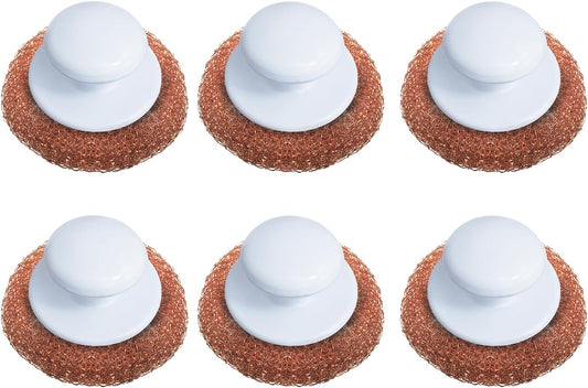 LOLA Copper Mesh Scouring Pad w/Comfort Knob, 6 Pack, Heavy Duty Cleaning Pads, Knitted Wire Mesh, Cleans Caked-On & Baked-On Messes