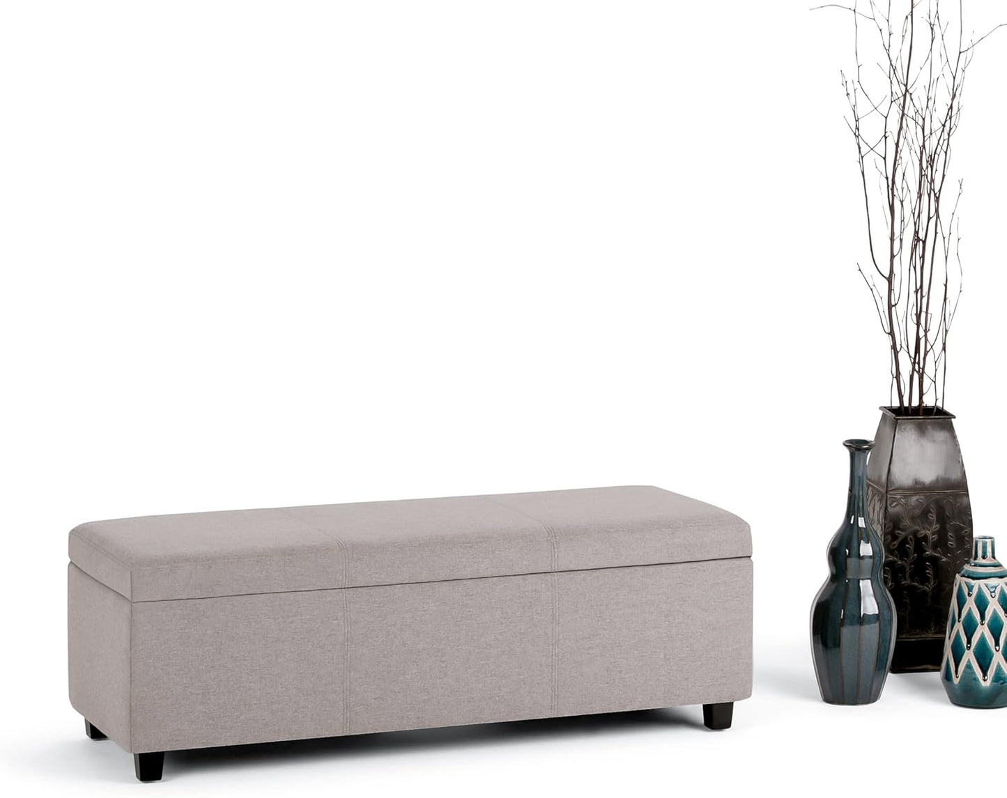 SIMPLIHOME Avalon 48 inch Wide Contemporary Rectangle Storage Ottoman Bench in Cloud Grey Linen Look Fabric, Assembled, for the Living Room, Entryway and Family Room