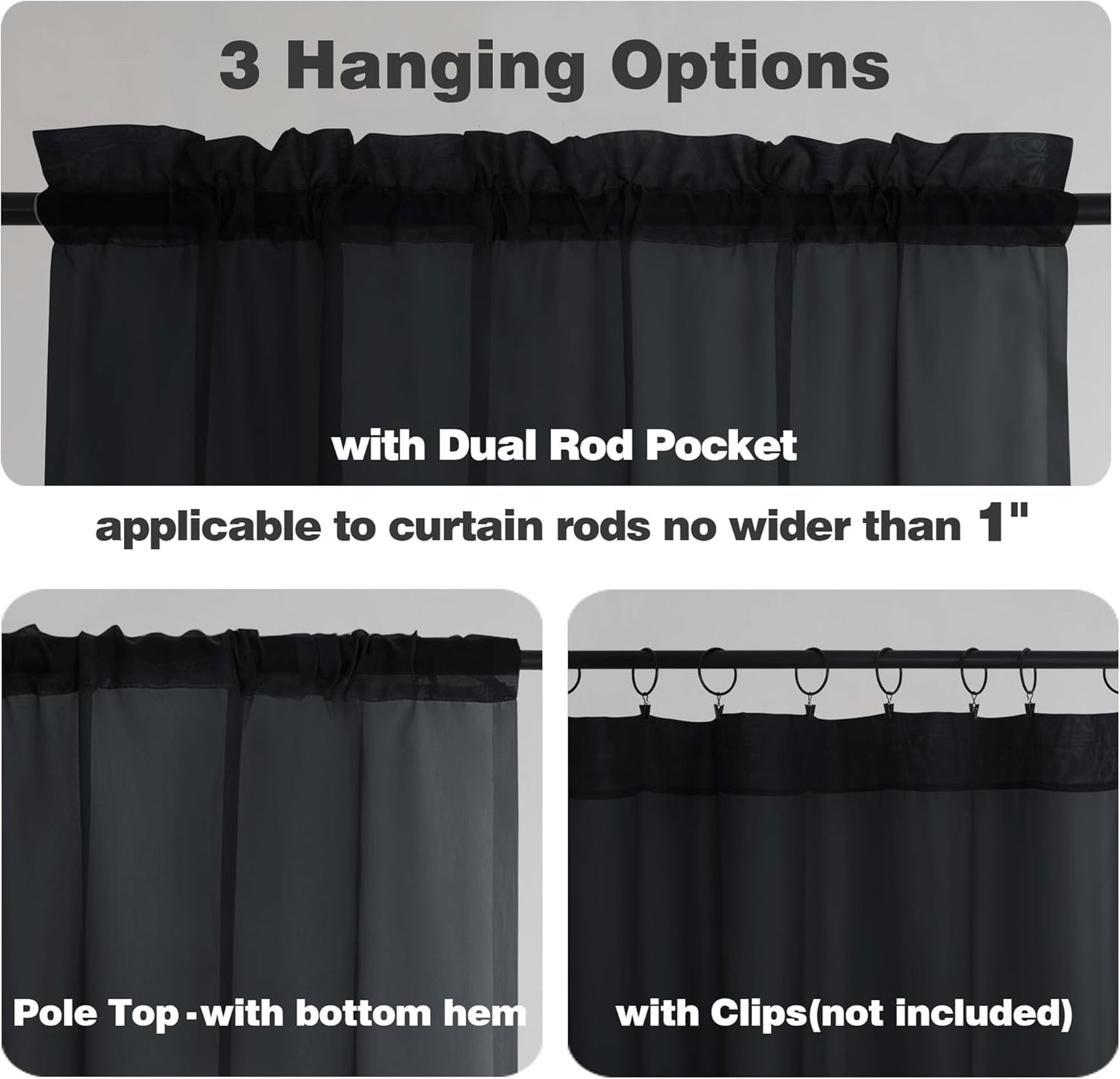 Chyhomenyc Black Sheer Tier Curtains 24 Inch Length, Small Window Curtains Treatment for Bathroom/Living Room/Cafe/Basement, Short Voile Curtain Tiers, 42W x 24L, Rod Pocket, 2 PCS