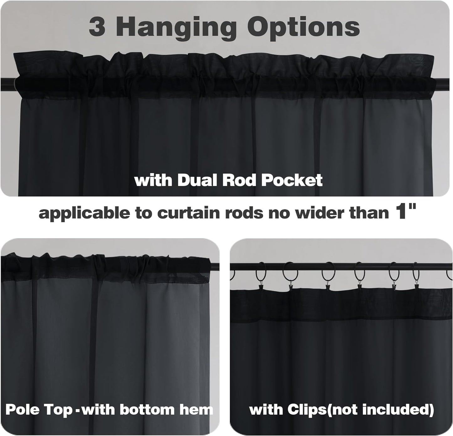 Chyhomenyc Black Sheer Curtains 96 inches Long Window Draperies 2 Panels, Solid Elegant Window Voile Panels/Drapes/Treatment/Backdrop for Bedroom Living Room Wedding Party Decor, 42 Wx96 L, 8FT L