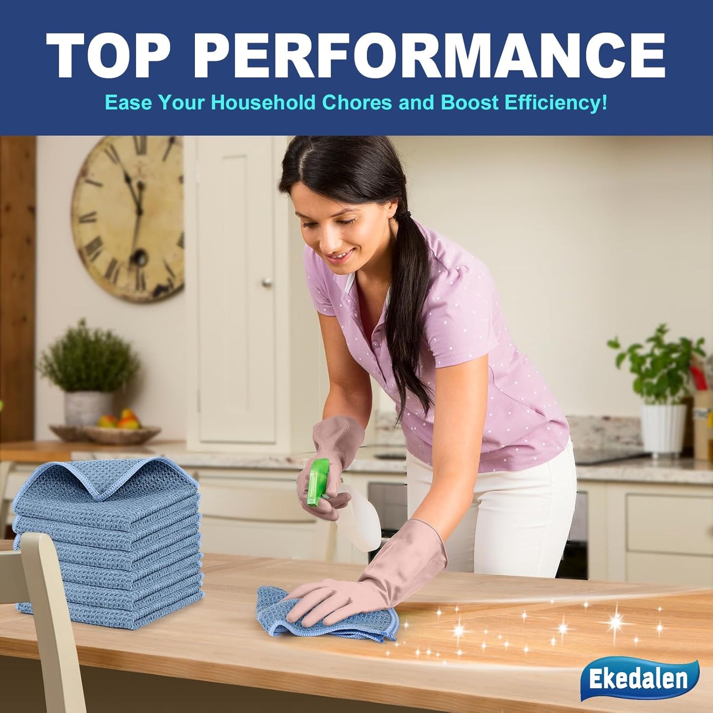 Microfiber Cleaning Cloth Waffle Weave for Dusting Absorbent Towel Quick Drying Dust Rags Household Kitchen, Lint Free Streak Free, 6 Pack,12 x 12 Inches, Blue