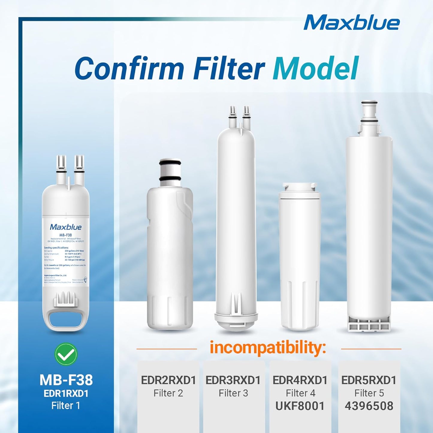 Maxblue MB-F38 Replacement for W10295370A, Everydrop® Filter 1, EDR1RXD1, EDR1RXD1B, P8RFWB2L, P4RFWB, Kenmore® 46-9081, 46-9930, Refrigerator Water Filter, 1 Filter