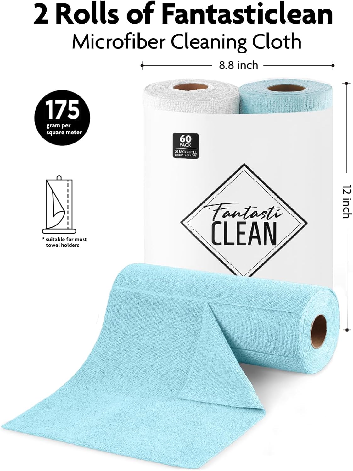 Fantasticlean Microfiber Cleaning Cloth Roll -60 Pack, Tear Away Microfiber Towels, 12" x 12", Reusable, Washable, Scratch Free, Ultra Absorbent Dishcloth for Car, Home Supplies (White & Blue)