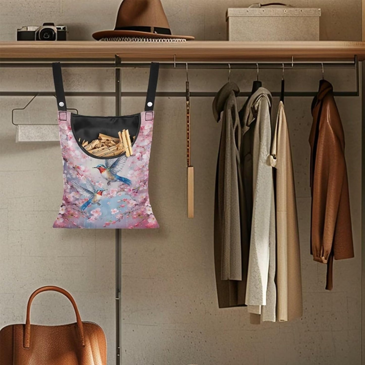 Hummingbird Clothespin Bag with Hanging Hook Cherry Blossom Clothes Pin Holder Waterproof Clothespin Storage Organizer with Large Opening Clothespin Bag for Clothesline Outdoor