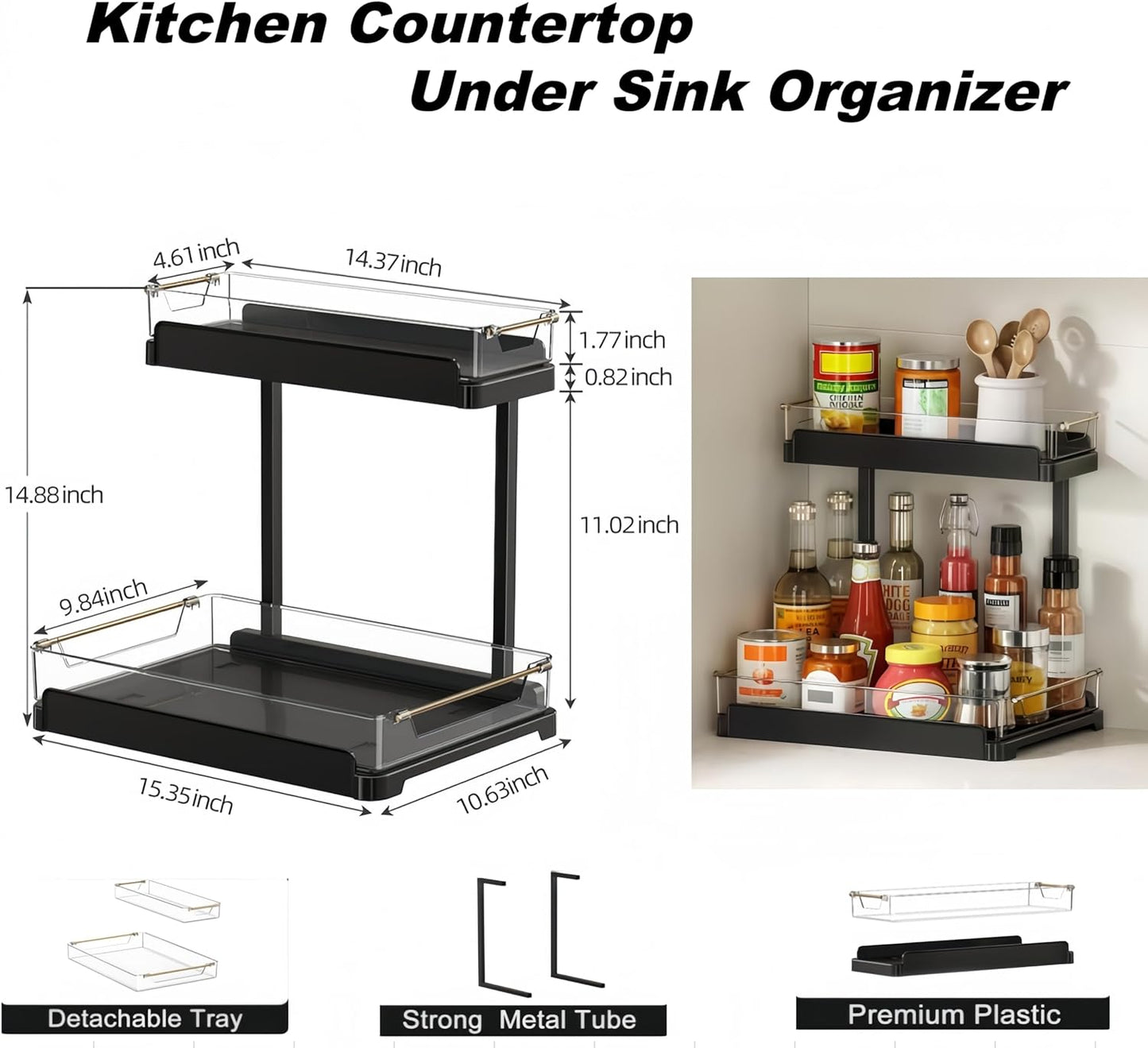 heart & home 1-Pack Under Sink Storage Organizer for Kitchen & Bathroom Cabinets with Removable Washable Tray, Tool-Free Assembly – Multi-Purpose for Kitchen Countertop, Vanity, & Laundry Room，Black