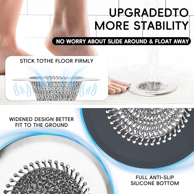 2 Pack Wokdada Bathtub Drain Hair Catcher, Wokdada Fast Drainage Shower Drain Hair Catcher, Reversible 304 Stainless Steel Drain Protector for Pop-Up and Regular Drains of Bathroom(Patented Product)