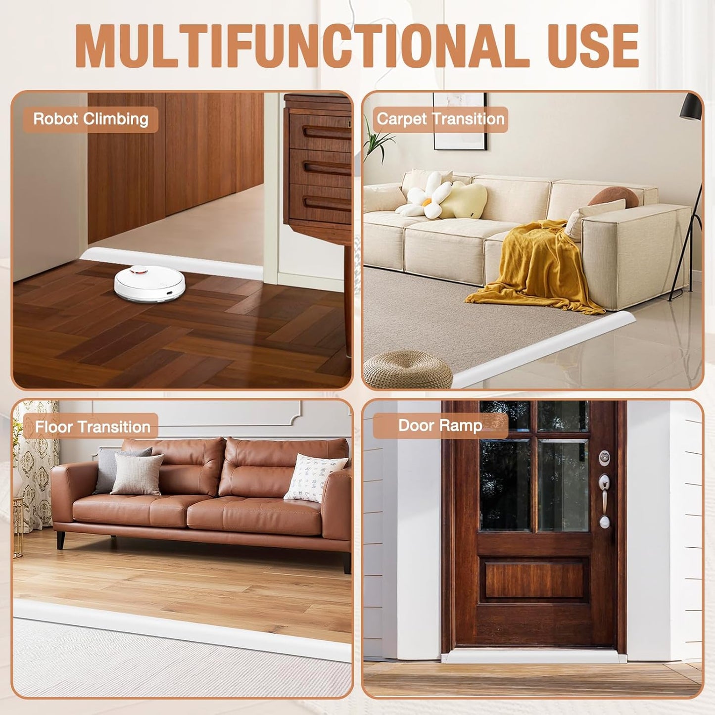 Floor Transition Strip Self Adhesive Vinyl Door Threshold for Doorways Carpet Edging Trim Overlap Edge Reducer for Laminate Floor, Carpet, Tile (White, 2/5" to 3/5", 3.3Ft)