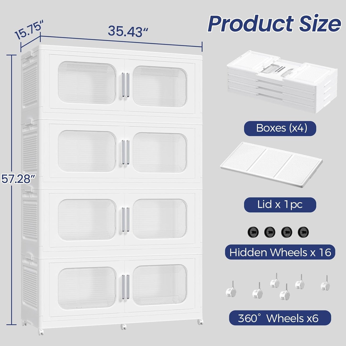 200GAL Extra Large Storage Bins with Lid, 800QT Storage Bins with Wheels, Folding Closet Organizer, Stackable Collapsible Plastic Storage Containers for Home, Office, Dorm, 4Pack White