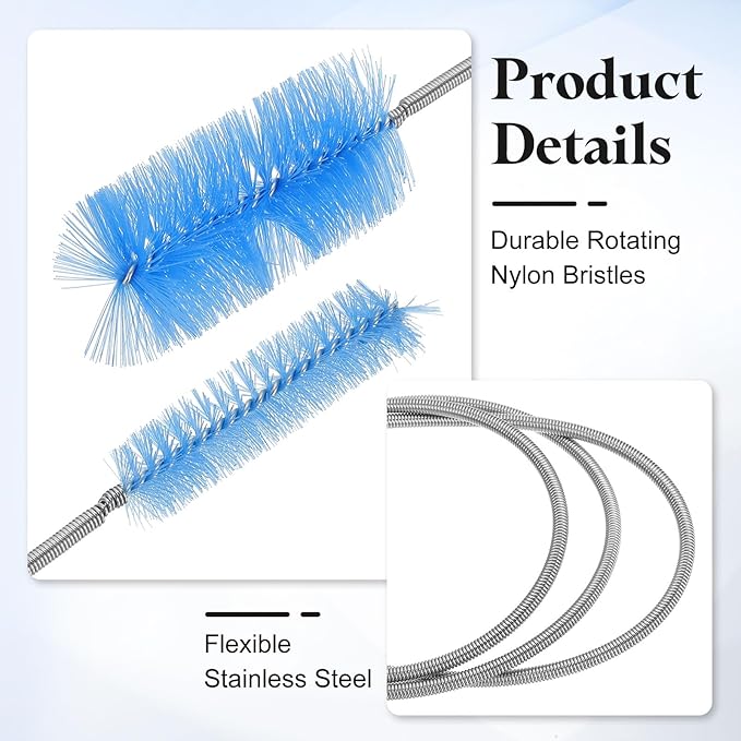 HARFINGTON 3pcs Flexible Long Drain Brush Straw Cleaner Set 78.74" Stainless Steel Double Ended Hose Brush with 8" Nylon Long Tube Pipe Cleaning for Fish Tank Sink Pipe, Blue