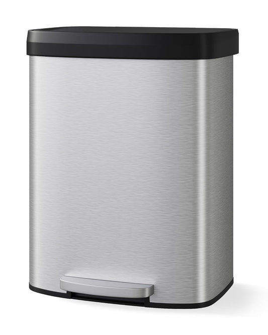 16 Gallon (60 l) Trash Can, Stainless Steel Kitchen Garbage Can, Recycling or Waste Bin with Liner Rim, Rear Handle, Soft Close Plastic Lid Step-on Pedal, Removable Inner Bucket