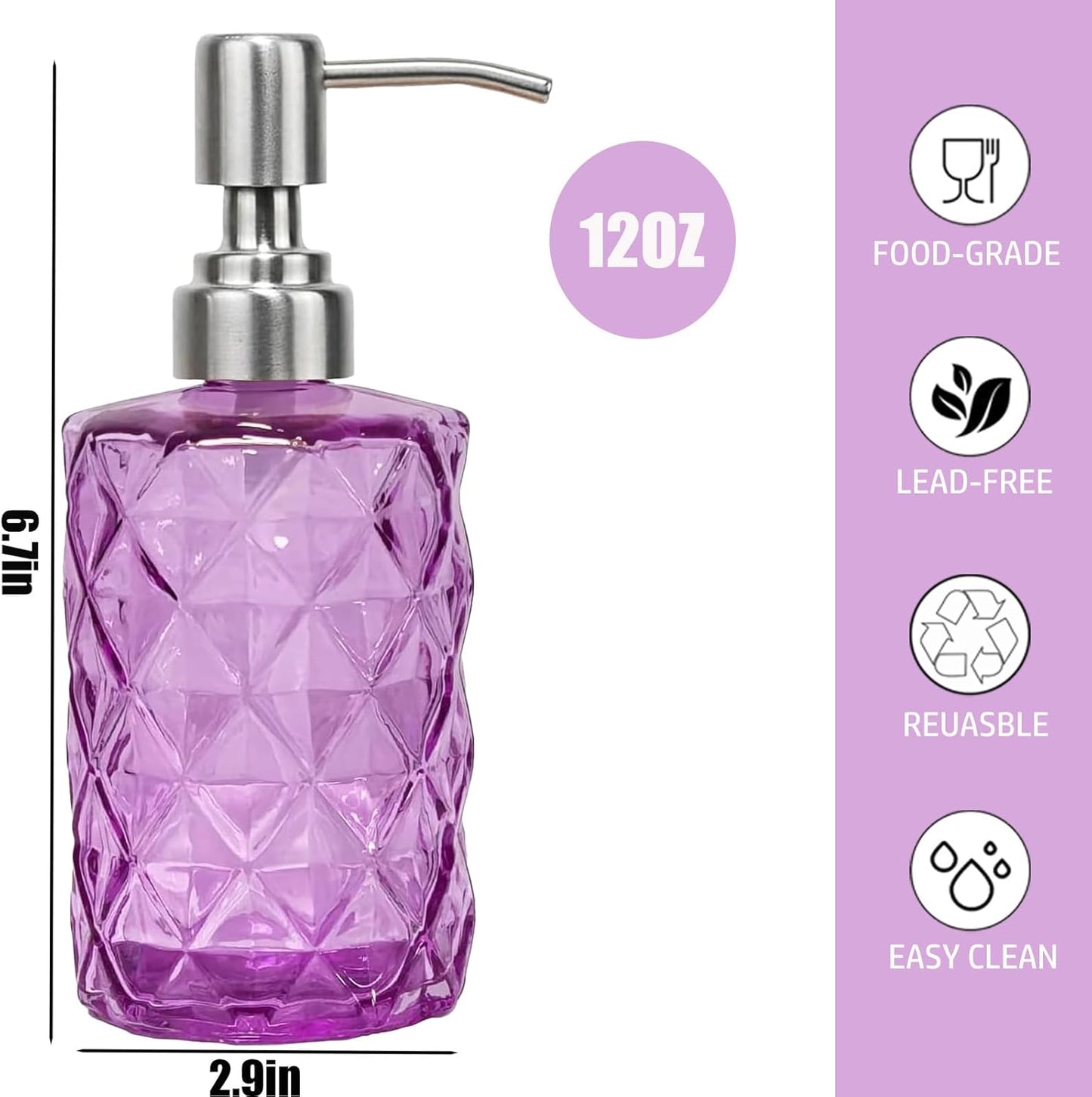 12Oz Purple Glass Soap Dispenser with Stainless Steel Pump, Refillable Kitchen Liquid Hand Soap Dispenser with Diamond Design, for Dispense Hand soap, Dish Soap, Lotion, Bathroom, Countertop, Hotel