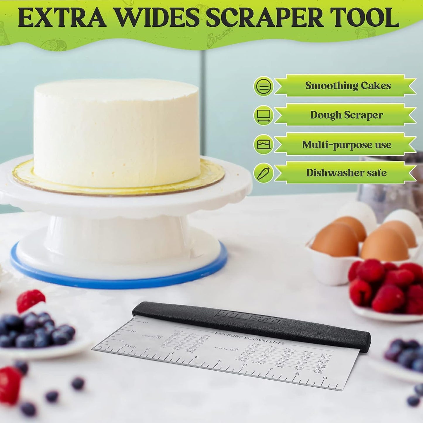 HULISEN Large Bench Scraper for Baking, 10 inch Dough Pastry Scraper with Measuring Scale, Stainless Steel Cake Scraper, Pizza Cutter, Food Chopper, Bread Separator Knife