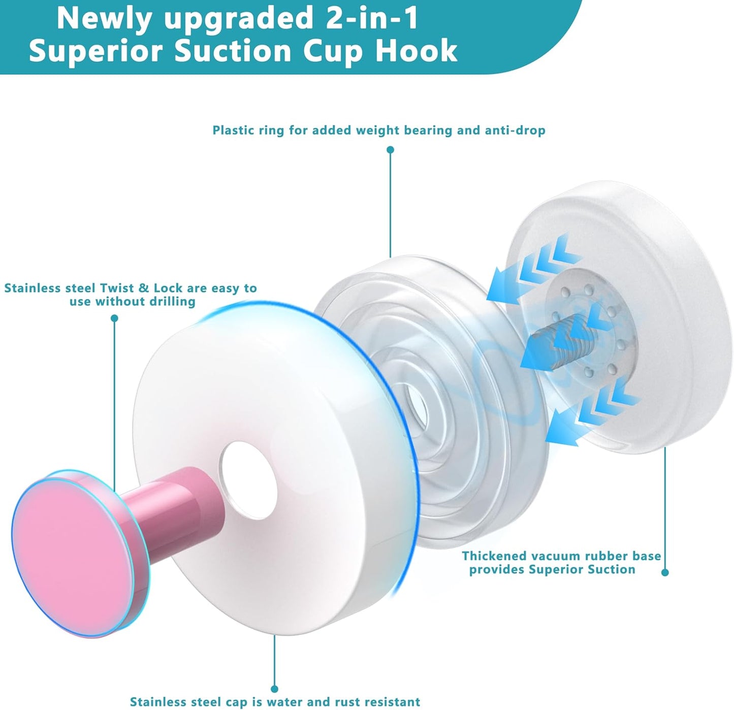 Suction Cup Hooks for Shower,Removable No Drill Towel Hooks,Upgraded 15 lbs Strong Suction hooks for Bathroom Tile,Shower Wall,Glass Door,Kitchen-Loofah,Coat,Stainless Waterproof-White Pink 4 Pcs