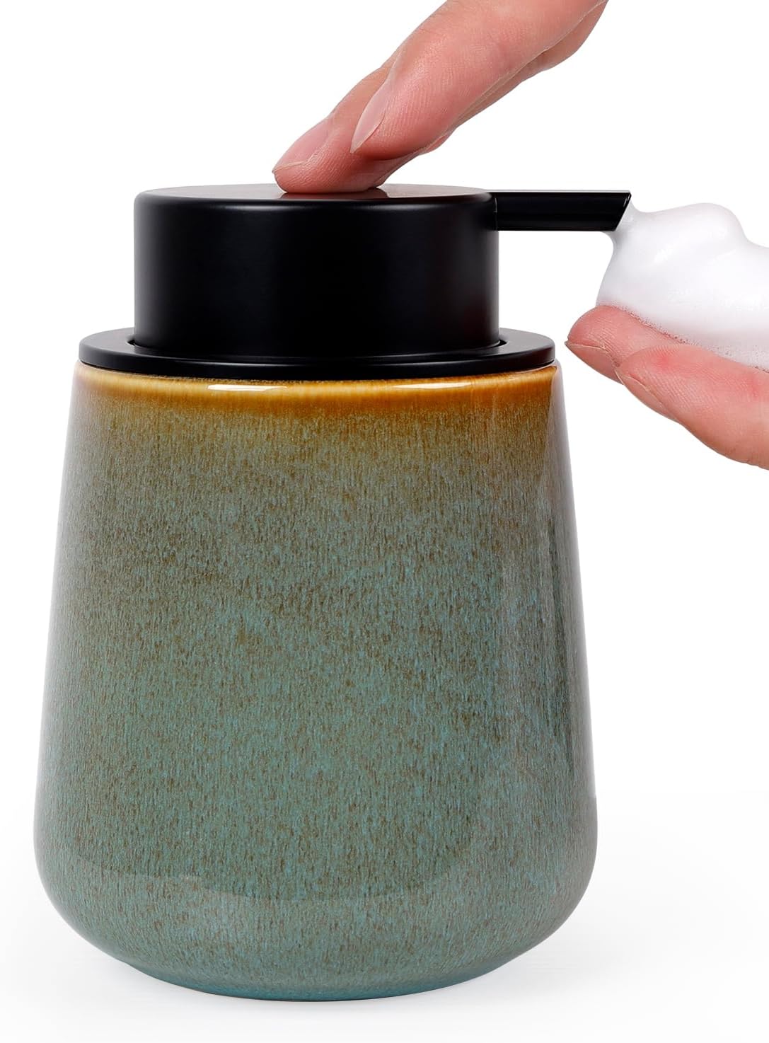INGOFIN Ceramic Foaming Soap Dispenser -12oz Foam Hand Soap Dispenser Bathroom, Modern Refillable Dish Wash Soap Bottle for Kitchen with Large Pump -Kiln-Glazed Green