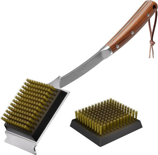 ENLOY Grill Brush and Scraper for Barbecue, 17" Grill Brush for Outdoor Grill, Extended Rosewood Handle and 2 Replaceable Copper Wire Brush Heads, Grill Cleaning Brush Grill Accessories for Most Grill