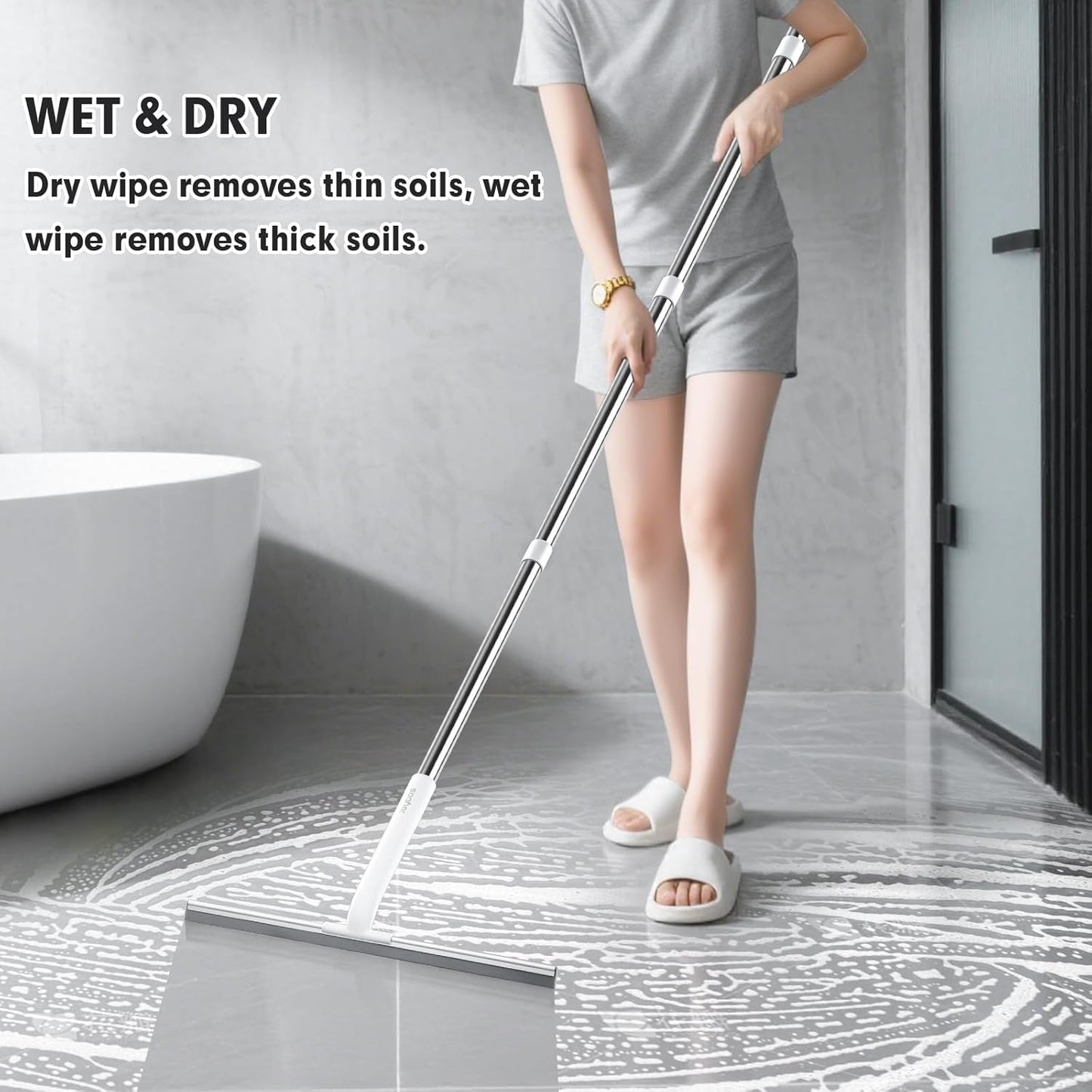 Rubber Floor Squeegee for Smooth Surface Concrete Floor, Tile Floor, Heavy Duty Garage Shower Floor Squeegee Broom for Removing Water, Commercial Scrubber Mop with Adjustable Long Handle