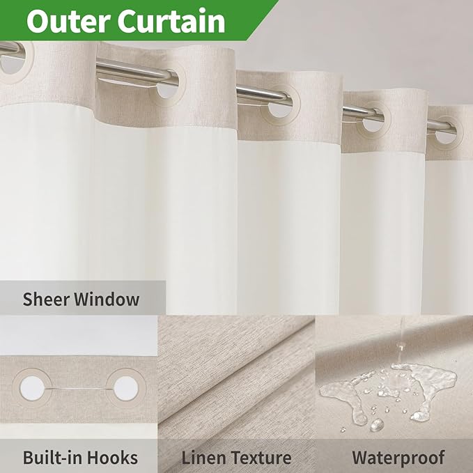 No Hooks Needed Linen Textured Shower Curtain with Snap-in Fabric Liner Set,Cream Hotel Luxury Decor Shower Curtains for Bathroom,Waterproof & Washable,71Wx77H