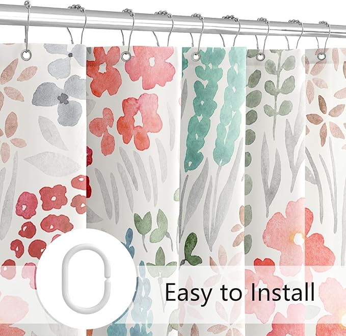 Colorful Floral Shower Curtain, Retro Red Teal Flower Fabric Shower Curtain, Cute Funky Watercolor Wildflower Shower Curtain Set, Cottagecore Bohemian Bathroom Decor, 72x72