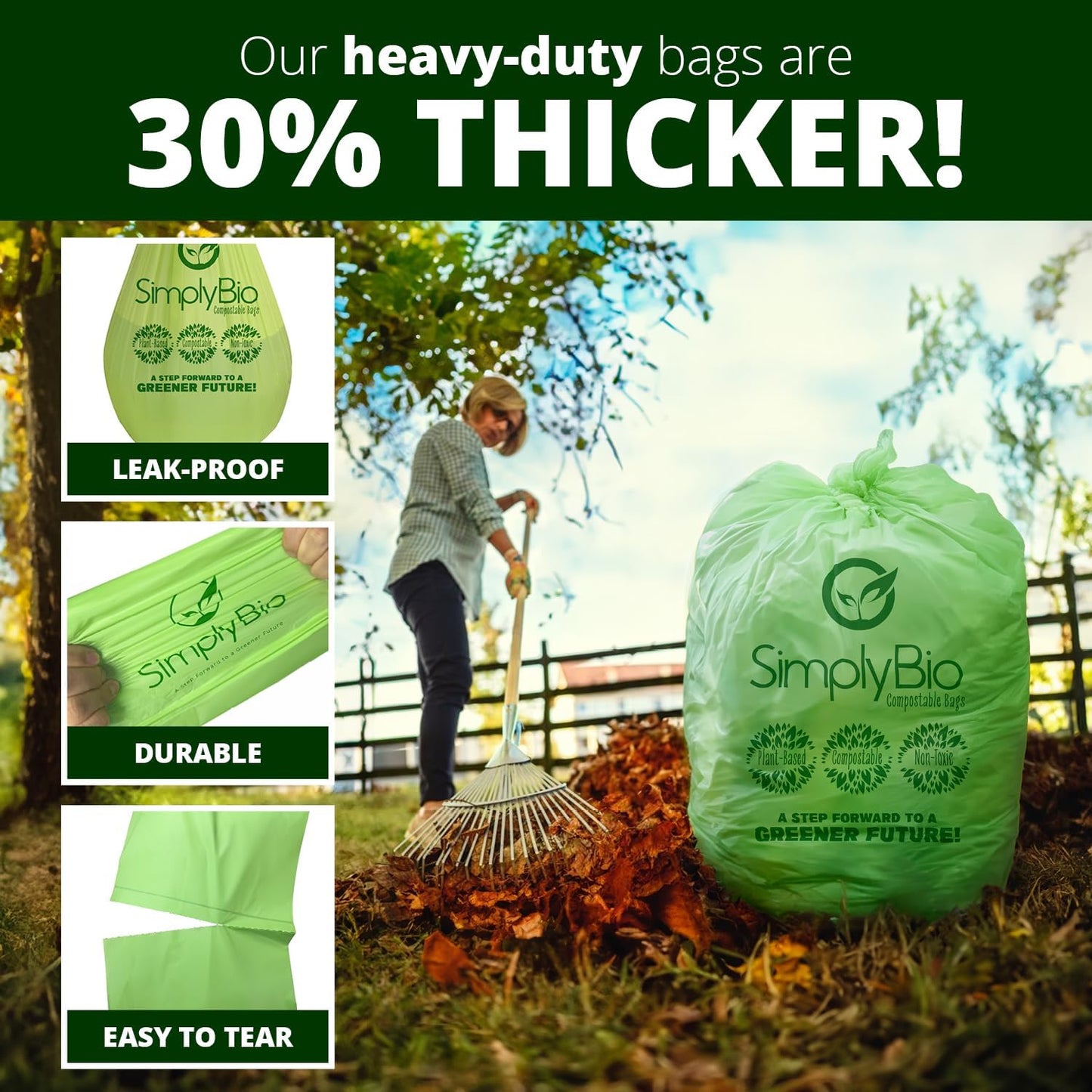 Simply Bio 50-55 Gallon Compostable Trash Bags Liners Flat-Top, Heavy Duty Extra Thick 1.57 Mil, 208.2 Liter, 12 Bags, Lawn, Yard, and Restaurant Use, ASTM D6400, US BPI, OK Compost Home Certified