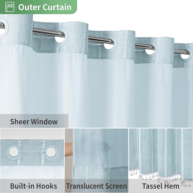 Boho Farmhouse No Hook Shower Curtain Set with Snap-in Fabric Liner,Heavy-Duty Linen Textured Rustic Striped Design,Water-Repellent with Tassels and Sheer Window,Fog Blue,71x74