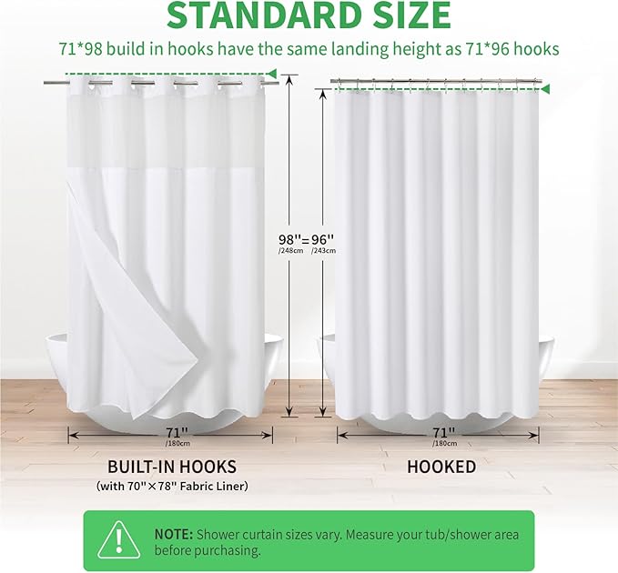 Extra Long No Hooks Needed Linen Textured Shower Curtain with Snap-in Fabric Liner Set,Tall Hotel Luxury Decor Shower Curtains for Bathroom,Waterproof & Washable,71Wx98H,White