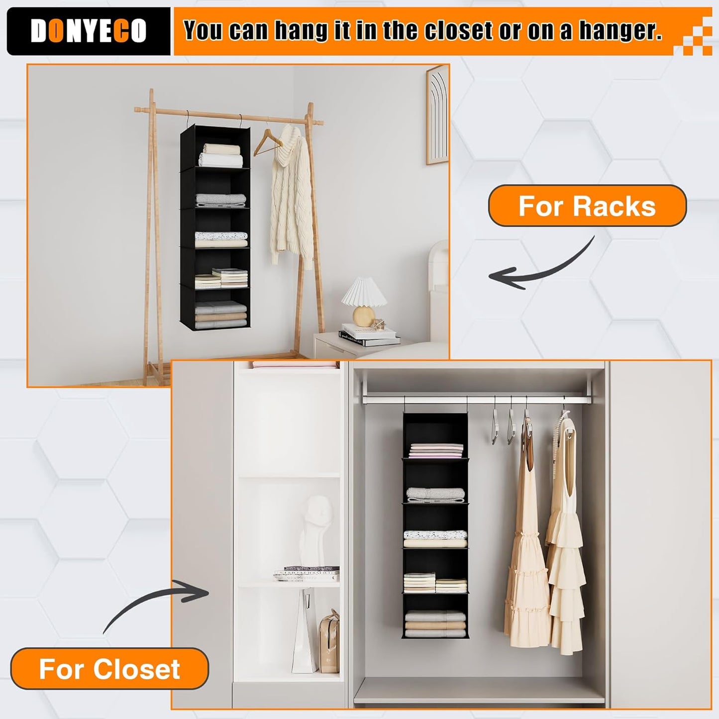 Hanging Closet Organizer and Storage 5-Shelf, Easy Mount Foldable Hanging Closet Wardrobe Shelves, Clothes Handbag Shoes Accessories Storage, Washable Oxford Cloth Fabric, Black