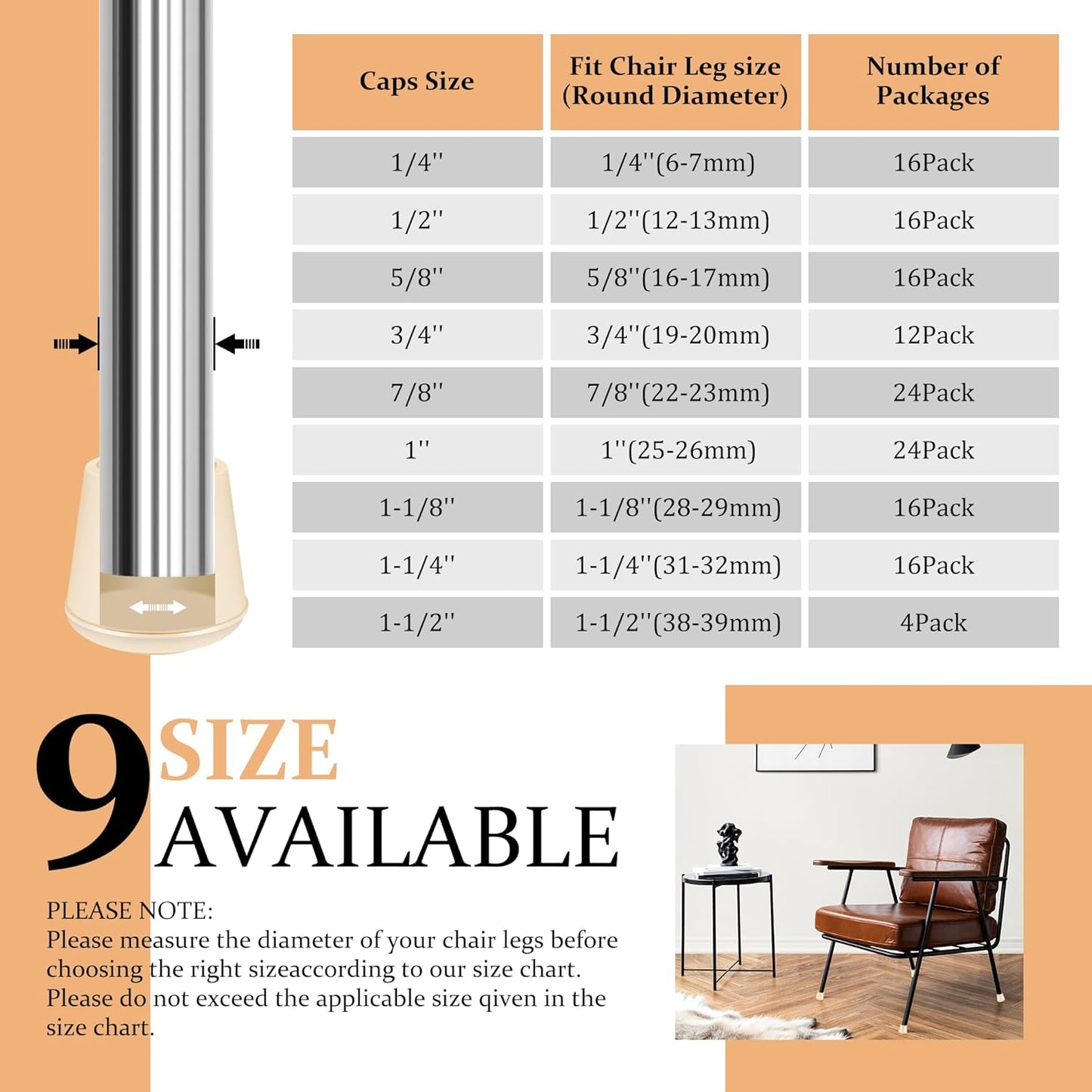 1/4" Round Rubber Furniture Leg Tips Caps, 16 Pack White Extra Small Furniture Leg Floor Protectors (Fit: 6mm to 7mm)