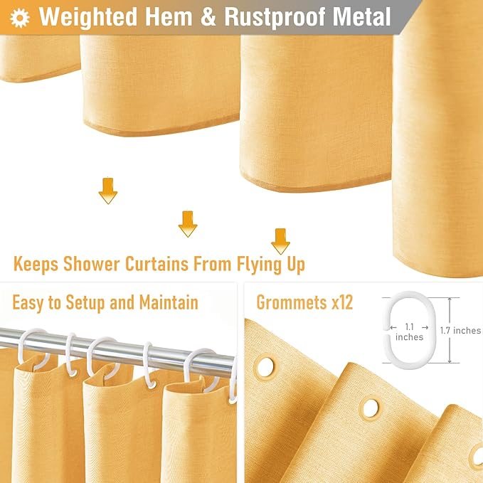 BTTN 78 Inch Long Shower Curtain - Linen Textured Heavy Duty Fabric Shower Curtain Set with 12 Plastic Hooks, Wrinkle Free, Machine Washable, Neutral Cloth Spa Bath Curtains for Bathroom, 72x78, Gold