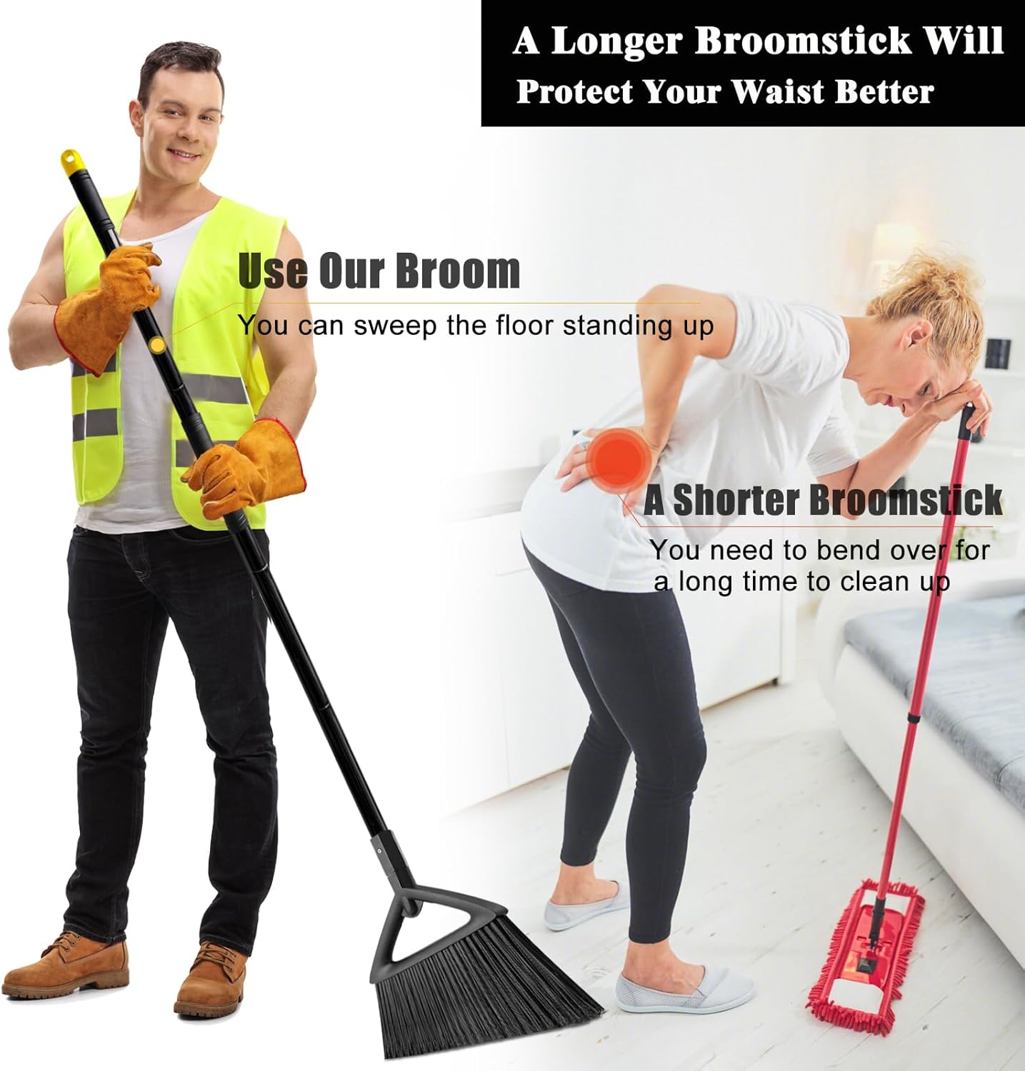 Heavy Duty Broom Outdoor Indoor, Upgraded Commercial Angle Brooms, Black Broom for Sweeping House, Restaurant, Kitchen, Garage, Courtyard