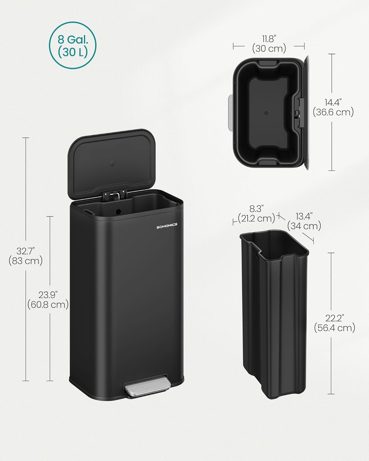 SONGMICS Kitchen Trash Can, 8-Gallon (30 L) Garbage Can with Lid, Stainless Steel, Soft Close and Stays Open, Inner Bucket, Wide Non-Slip Pedal, Ink Black ULTB546B01