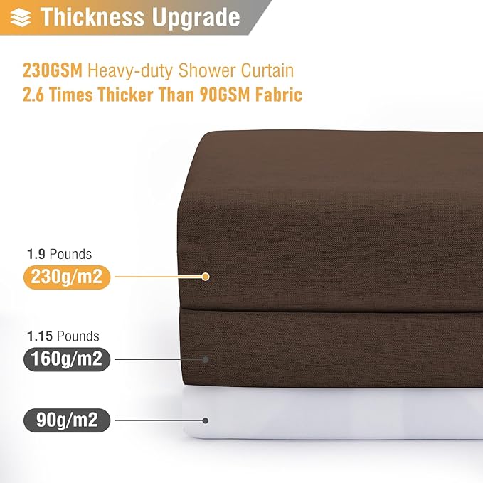 BTTN Fabric Shower Curtain, Linen Textured Heavy Duty Polyester Cloth Shower Curtain Set with Plastic Hooks, Brown, 72x96