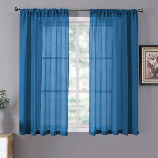 Tollpiz Short Sheer Curtains Linen Textured Bedroom Curtain Sheers Light Filtering Rod Pocket Voile Curtains for Living Room, 54 x 45 inches Long, Classic Blue, Set of 2 Panels