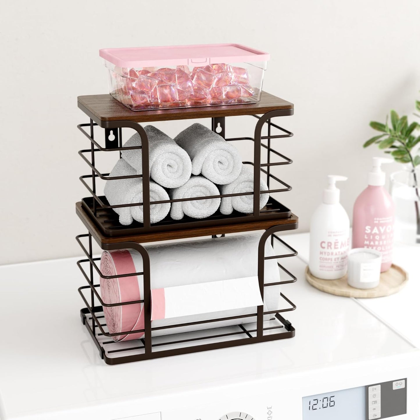 2 Pack Extra Large Pantry Baskets with Bamboo Top,Stainless Steel Trash Bag Dispenser for Kitchen Sink and Laundry Room Organization,Brown