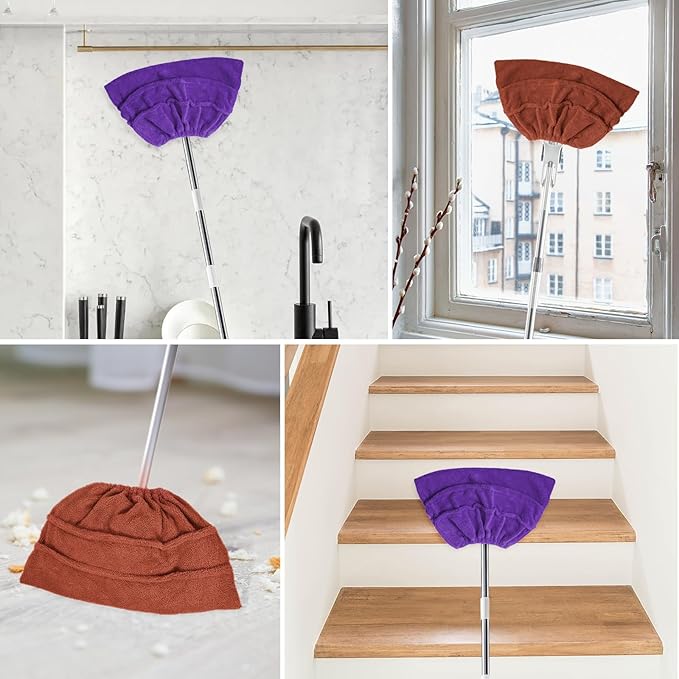 2 Pack Broom Pads to Baseboard Cleaning Tool, Reusable Microfiber Sweep Broom Cloth Covers Base Board Cleaner Tool for Baseboards Molding Walls Ceiling Cleaning (Purple+Brown)