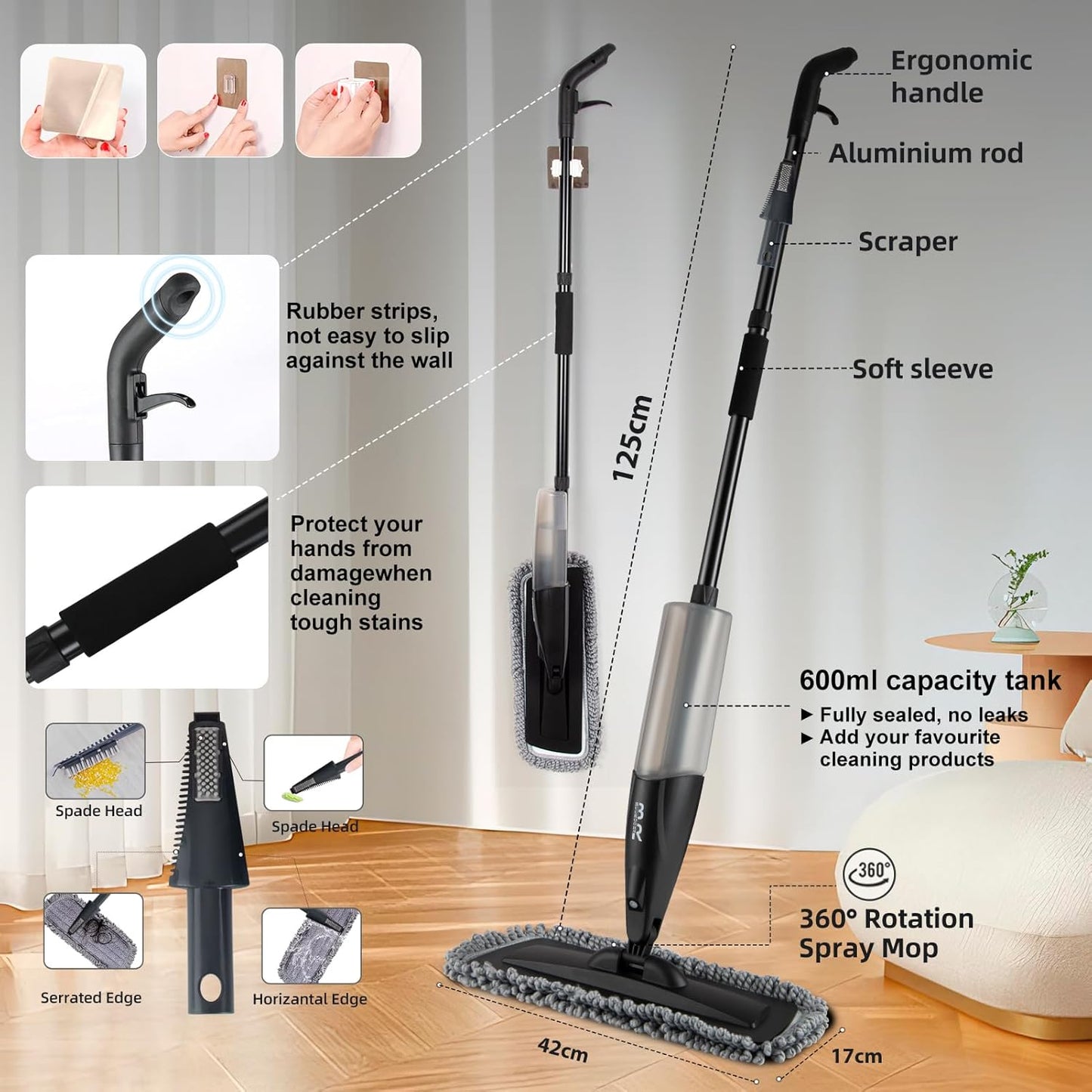 Microfiber Spray Mop for Floors Dry and Wet Mop with Dusting 360 Rotation for Kitchen, Hardwood, Laminate, Tile Floors Includes 3 Refill Heads, Scraper, Holder & Spray Bottle