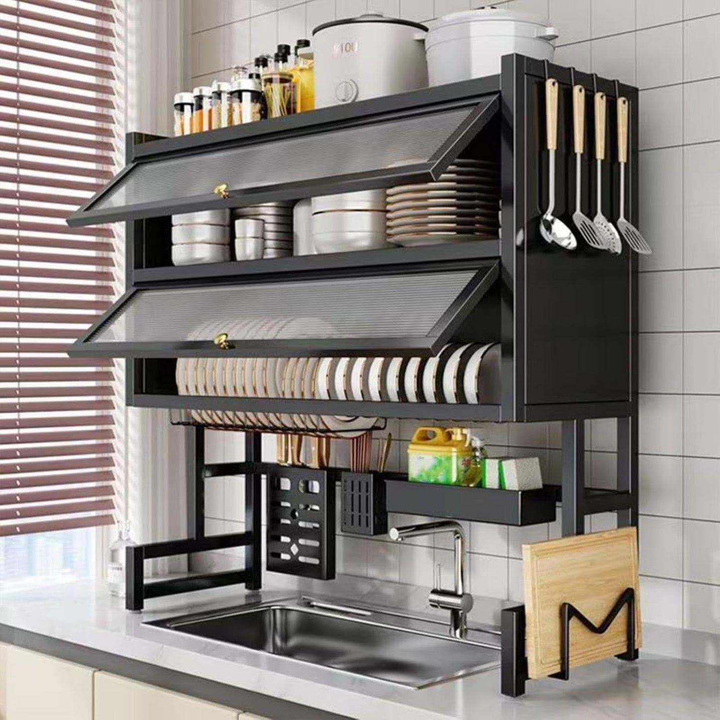 Dish Drying Rack 4 Tiers with Cover, Keep Kitchen Sink Shlef Organized Space-Saving Dish Drying Rack, for Dishes, Glasses, Bowls, Cutlery (black, W-33.5)