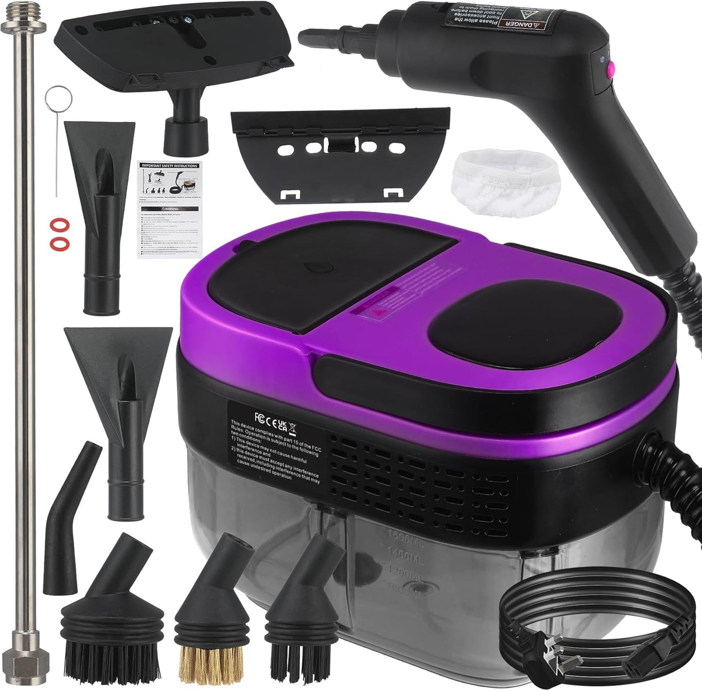 Steam Cleaner, 3-Level Adjustable Handle, 15s Heat-Up, 1.69 Quarts Tank, Portable Steamer for Cleaning with 10 Accessories, Steam Cleaner for Home for Dirt (Purple)