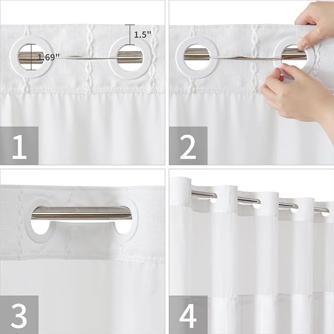 White Farmhouse No Hook Shower Curtain Set with Snap-in Fabric Liner,Boho Heavy-Duty Linen Textured Rustic Striped Design,Water-Repellent with Tassels and Sheer Window,71x74