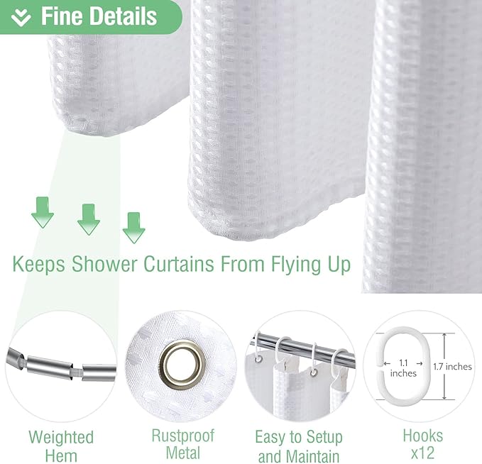 Dynamene Long White Fabric Shower Curtain - Waffle Textured Tall Heavy Duty Cloth Shower Curtains for Bathroom, 256GSM Large Hotel Spa Luxury Bath Curtain Set with 12 Plastic Hooks(72Wx78H, White)