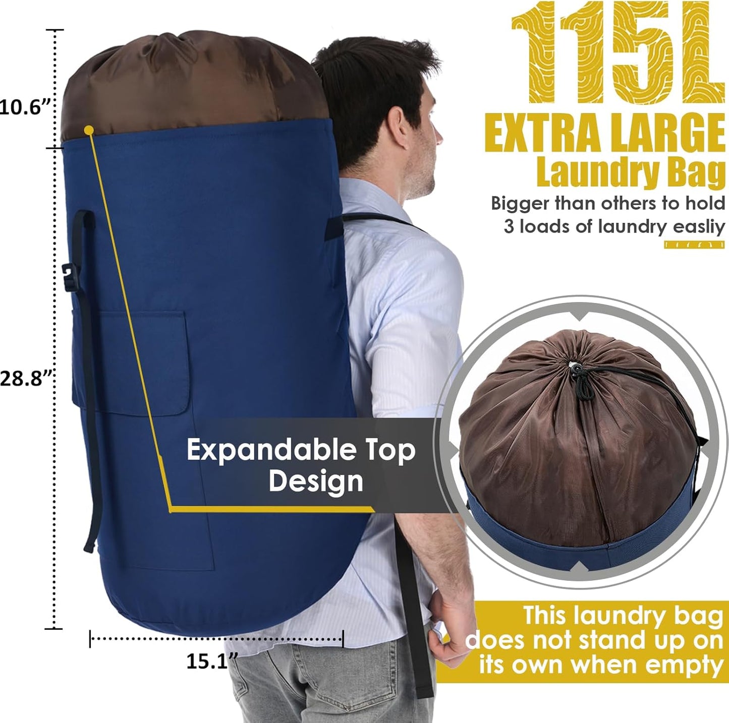 Laundry Bag Backpack Extra Large, 115L Laundry Backpack with Padded Shoulder Strap, Sturdy Travel Laundry Bags, Hanging Laundry Bag for College Dorm, Apartment, Clothes Hamper Bag for Laundromat