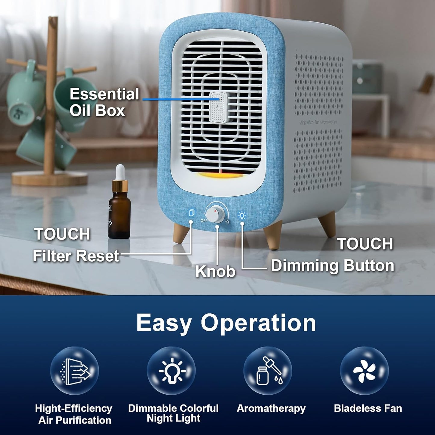 Jafanda Air Purifier for Home Bedroom 780sq ft, HEPA & Activated Carbon, Air Cleaner with Fragrance Sponge & Nightlight for Smoke, Allergies, Dust, Odor, VOC, Pet Dander, Pollen, Office, Desktop,Blue