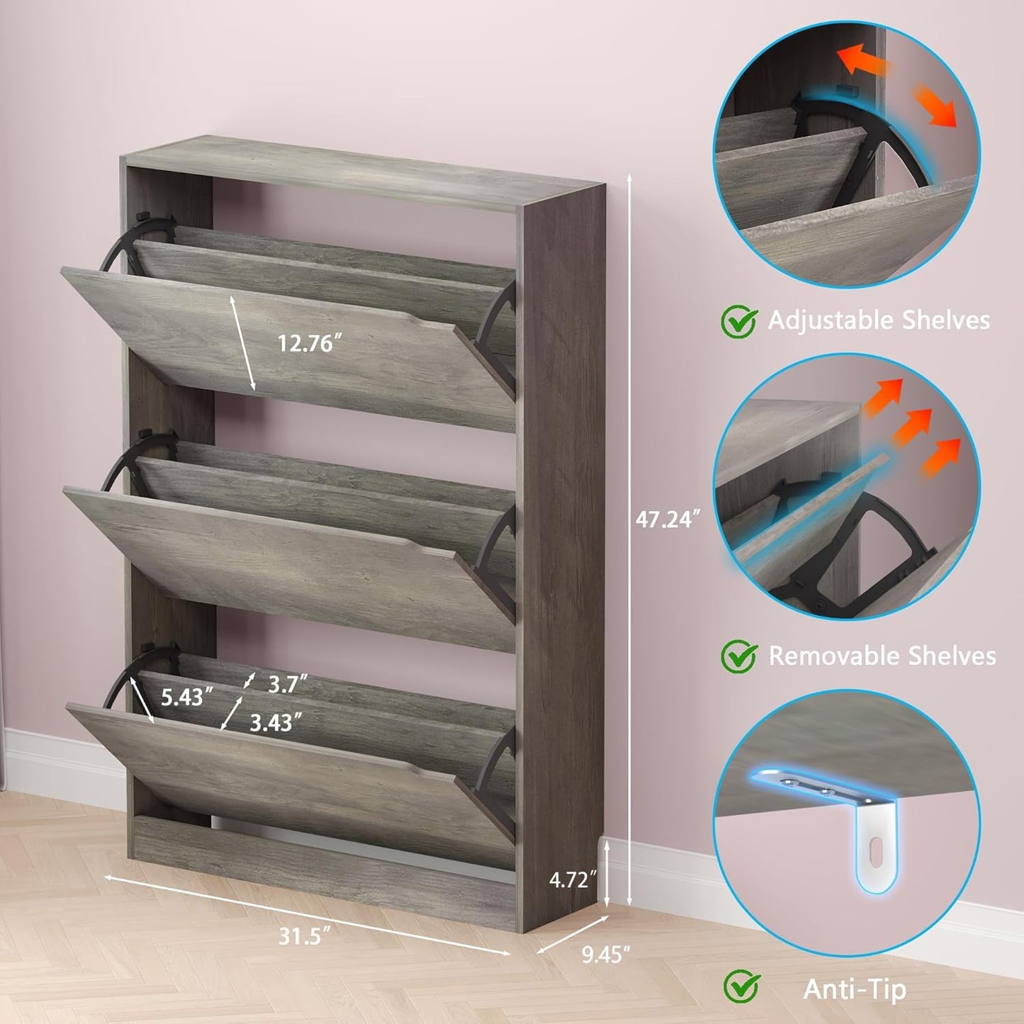 Shoe Cabinet with 3 Flip Drawers, Hidden Wood Shoe Cabinet,Freestanding Shoe Storage Cabinet for Entryway Hallway