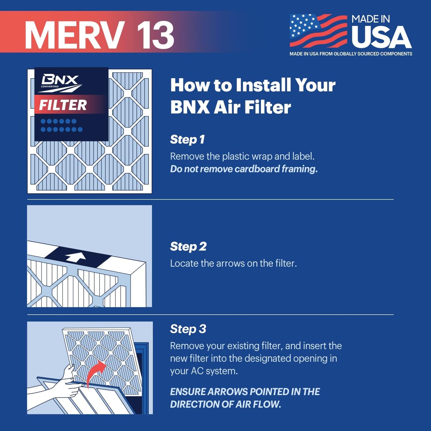 BNX TruFilter 20x20x1 Air Filter MERV 13 (6-Pack) - MADE IN USA - Electrostatic Pleated Air Conditioner HVAC AC Furnace Filters for Allergies, Pollen, Mold, Bacteria, Smoke, Allergen, MPR 1900 FPR 10