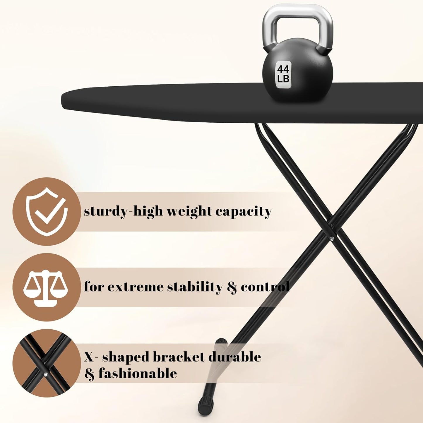 Ironing Board, Compact and Space Saver,Size 13 x 43, Metal Construction Ironing Board with Extra Thick Heavy Duty Padded, Stable Structure,Skid Feet, Heavy Duty Steel Legs,Black